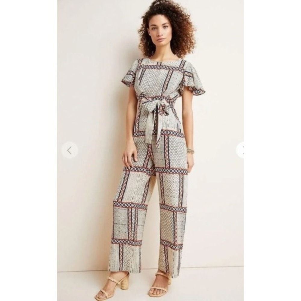 Eva Franco Geometric Print Wide Leg Jumpsuit‎ Blue Orange Size 2